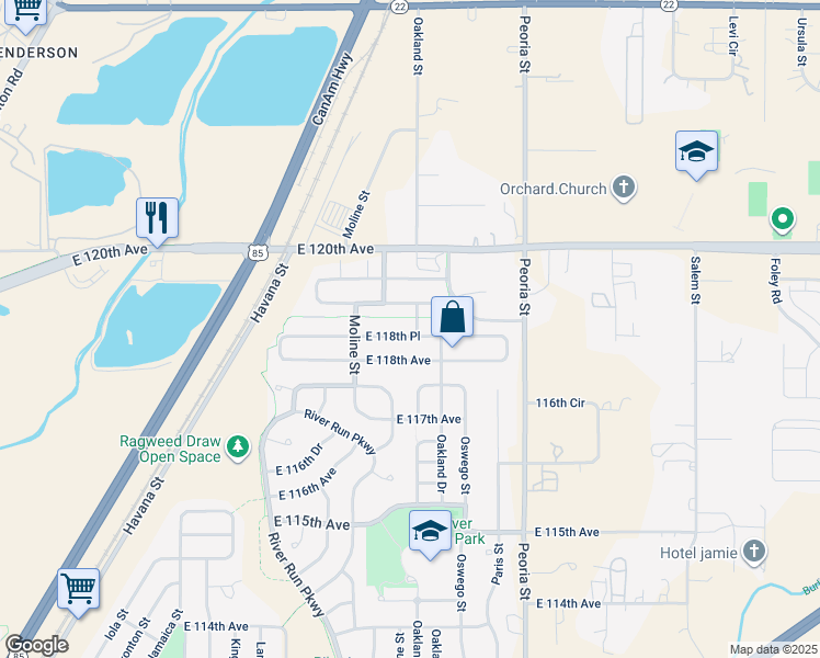 map of restaurants, bars, coffee shops, grocery stores, and more near 11573 East 118th Place in Henderson