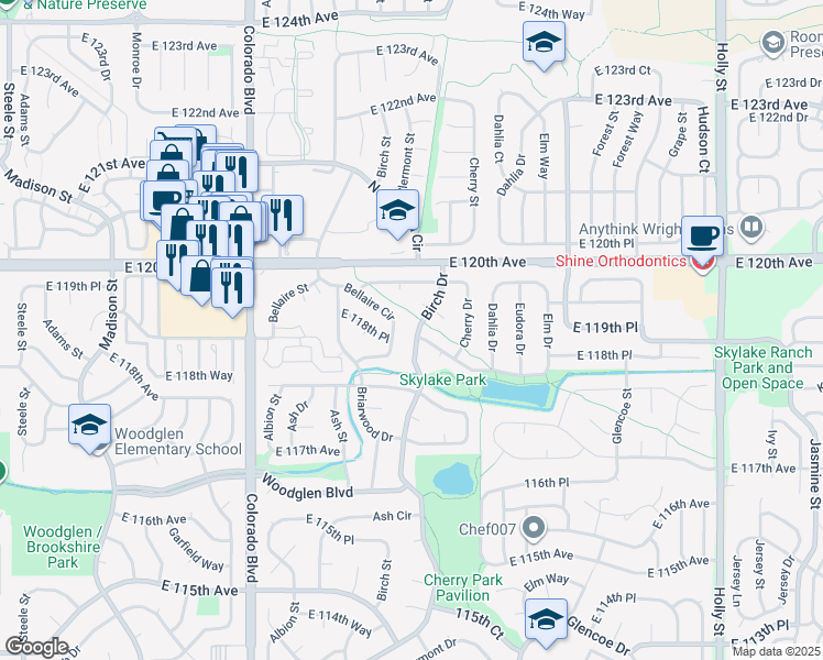map of restaurants, bars, coffee shops, grocery stores, and more near 11841 Birch Drive in Thornton