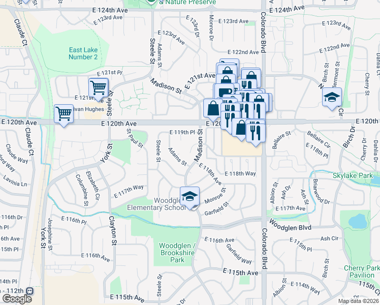map of restaurants, bars, coffee shops, grocery stores, and more near 3460 119th Street in Thornton