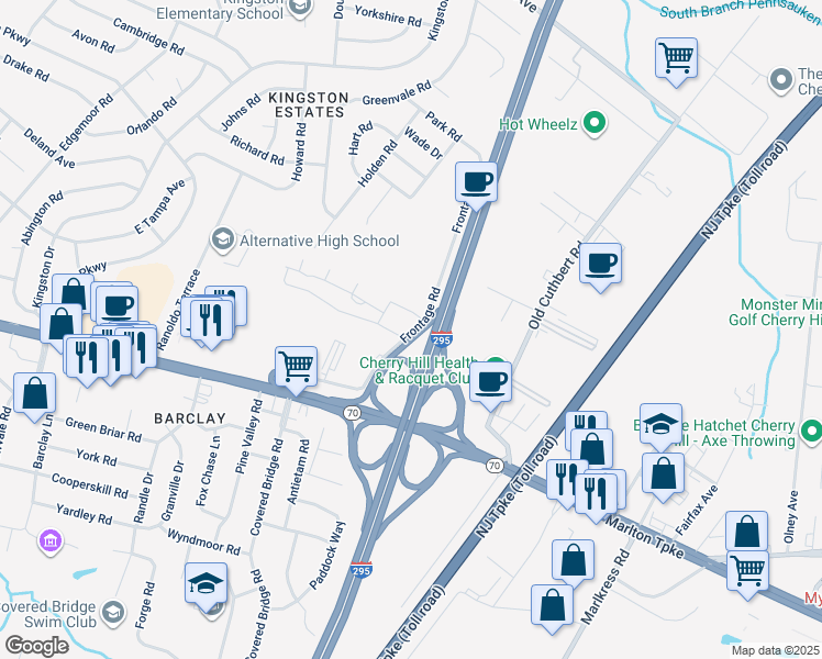 map of restaurants, bars, coffee shops, grocery stores, and more near 1015 Frontage Road in Cherry Hill
