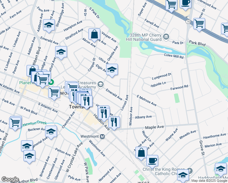 map of restaurants, bars, coffee shops, grocery stores, and more near 219 Emerald Avenue in Haddon Township
