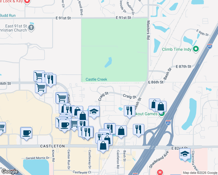map of restaurants, bars, coffee shops, grocery stores, and more near 6655 Fairway Avenue in Indianapolis