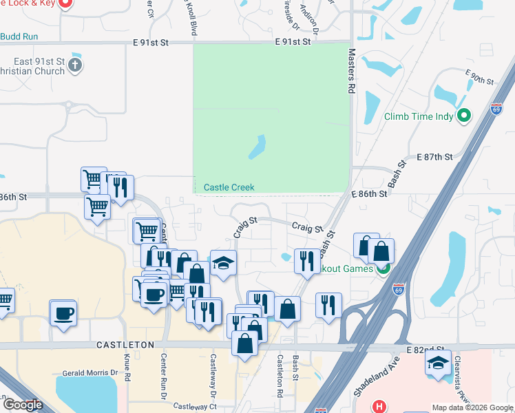 map of restaurants, bars, coffee shops, grocery stores, and more near 6655 Fairway Avenue in Indianapolis