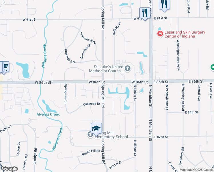 map of restaurants, bars, coffee shops, grocery stores, and more near 8561 Olde Mill in Indianapolis