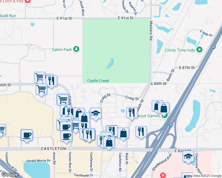 map of restaurants, bars, coffee shops, grocery stores, and more near 6655 Fairway Avenue in Indianapolis