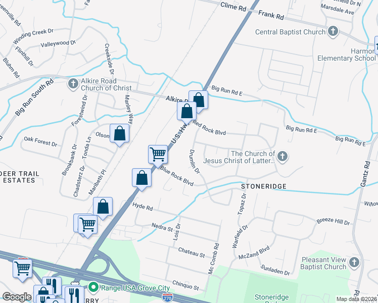 map of restaurants, bars, coffee shops, grocery stores, and more near 2101 Drumlin Drive in Grove City