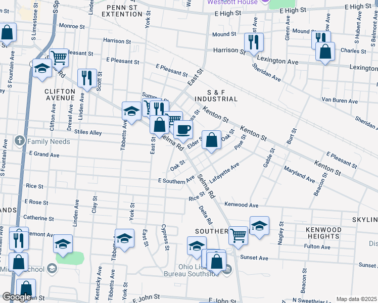 map of restaurants, bars, coffee shops, grocery stores, and more near 954 Selma Road in Springfield