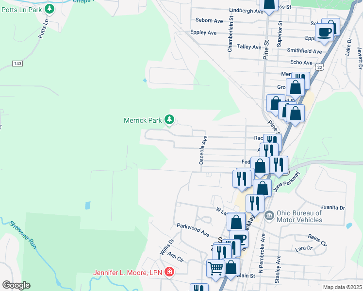 map of restaurants, bars, coffee shops, grocery stores, and more near 1327 Arch Street in Zanesville
