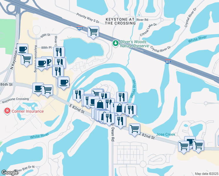 map of restaurants, bars, coffee shops, grocery stores, and more near 4104 River Terrace Place in Indianapolis