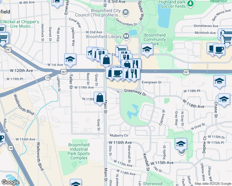 map of restaurants, bars, coffee shops, grocery stores, and more near 106 Willow Place South in Broomfield