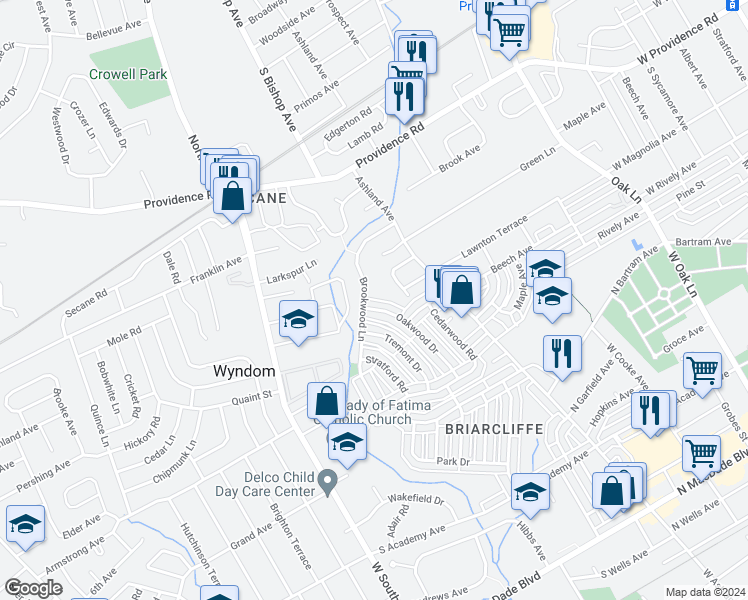 map of restaurants, bars, coffee shops, grocery stores, and more near 1156 Brookwood Lane in Glenolden