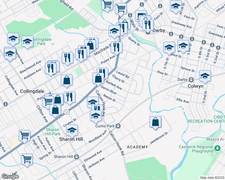 map of restaurants, bars, coffee shops, grocery stores, and more near 147 Garvin Boulevard in Sharon Hill