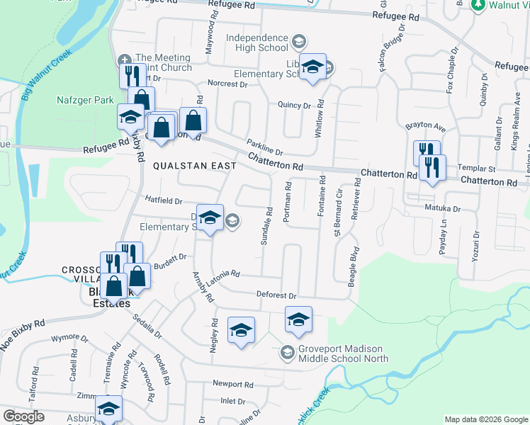 map of restaurants, bars, coffee shops, grocery stores, and more near 5331 Sundale Place South in Columbus