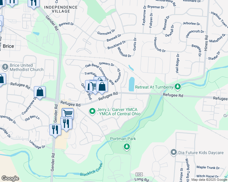 map of restaurants, bars, coffee shops, grocery stores, and more near 3487 Oak Bend Boulevard in Canal Winchester