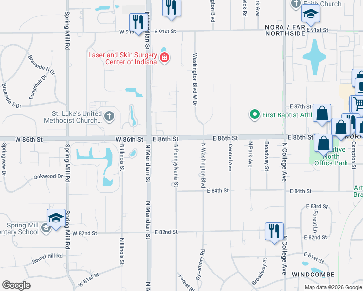 map of restaurants, bars, coffee shops, grocery stores, and more near 8574 North Pennsylvania Street in Indianapolis