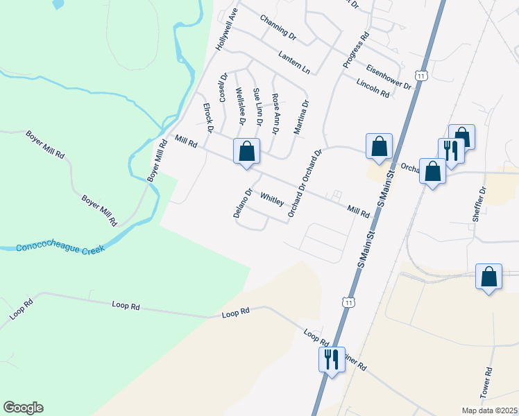 map of restaurants, bars, coffee shops, grocery stores, and more near 234 Meriweather Drive in Chambersburg