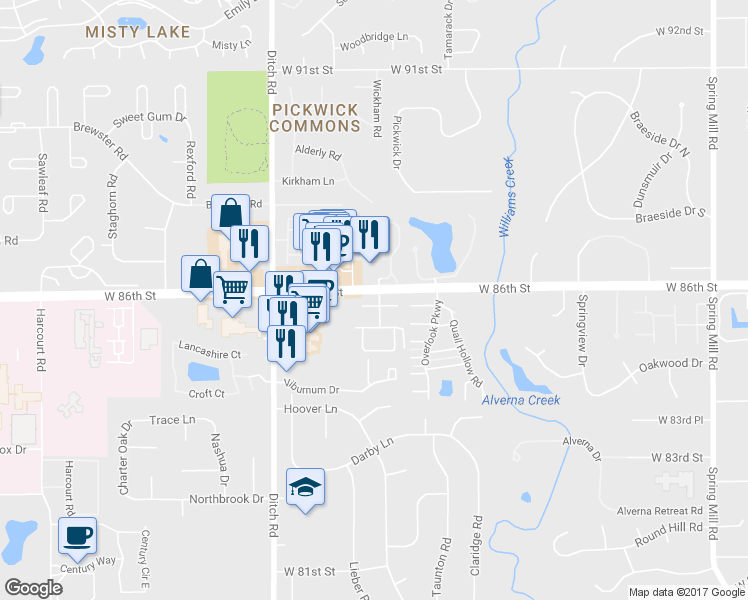 map of restaurants, bars, coffee shops, grocery stores, and more near 1136 Canterbury Court in Indianapolis