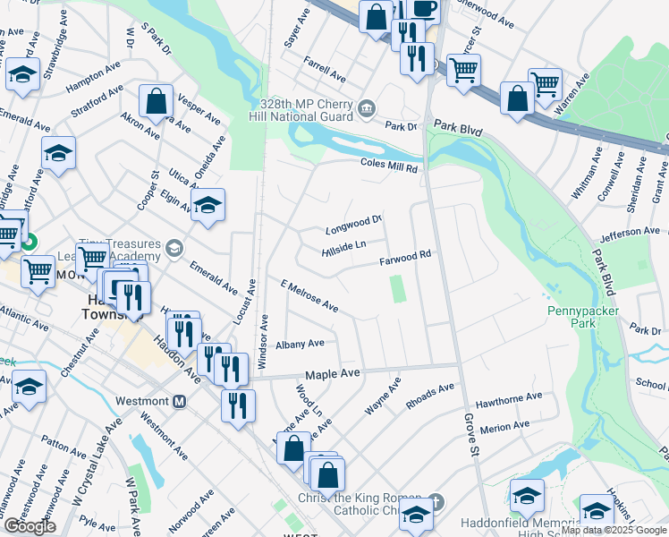 map of restaurants, bars, coffee shops, grocery stores, and more near 345 Farwood Road in Haddonfield