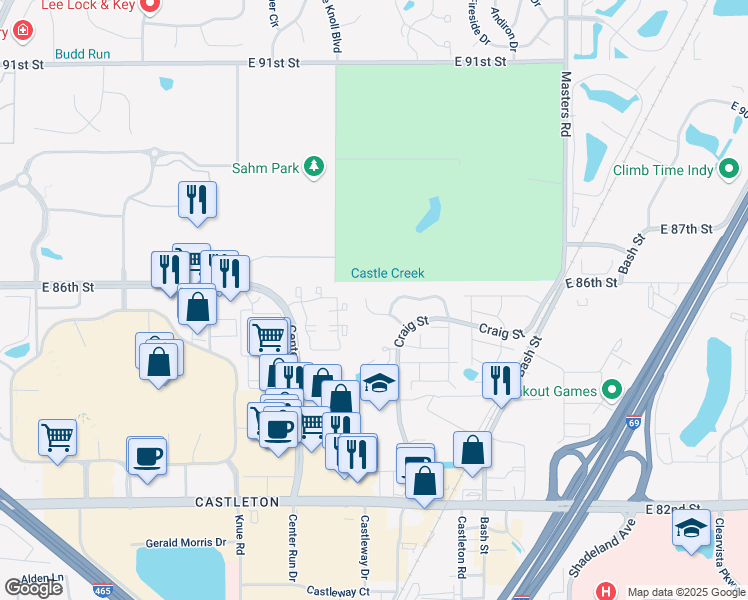map of restaurants, bars, coffee shops, grocery stores, and more near 8577 Fairway Trail in Indianapolis