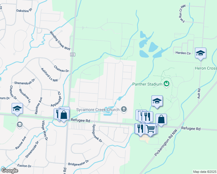 map of restaurants, bars, coffee shops, grocery stores, and more near 12320 Greenwood Drive in Pickerington