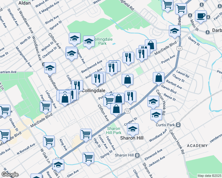 map of restaurants, bars, coffee shops, grocery stores, and more near 107 Juliana Terrace in Collingdale
