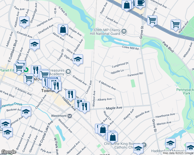 map of restaurants, bars, coffee shops, grocery stores, and more near 402 Windsor Avenue in Haddonfield