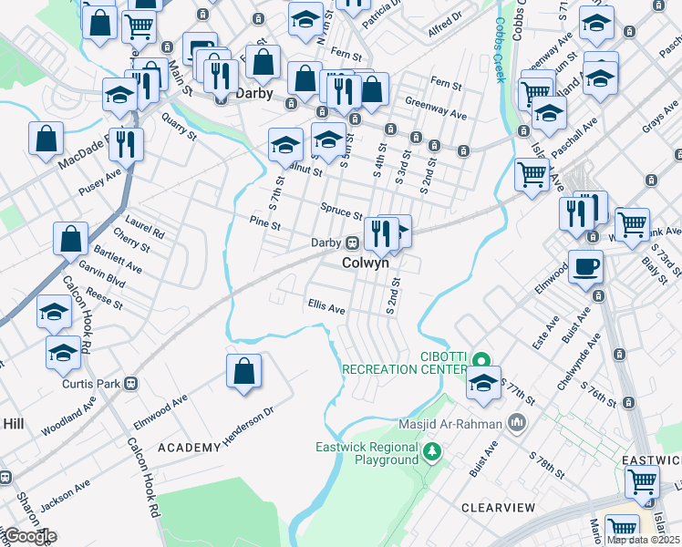 map of restaurants, bars, coffee shops, grocery stores, and more near 404 Colwyn Avenue in Darby