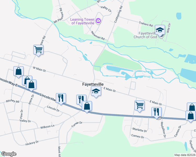 map of restaurants, bars, coffee shops, grocery stores, and more near 7 Mill Race Lane in Fayetteville
