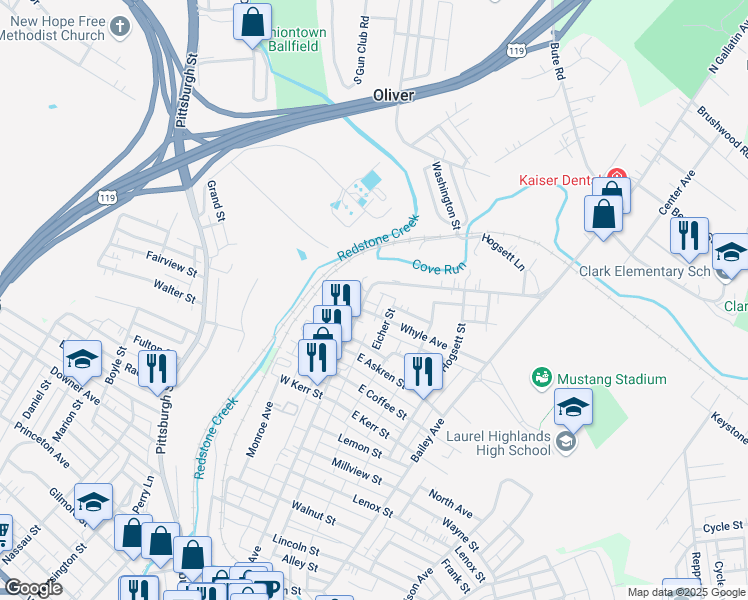 map of restaurants, bars, coffee shops, grocery stores, and more near 336 North Gallatin Avenue in Uniontown