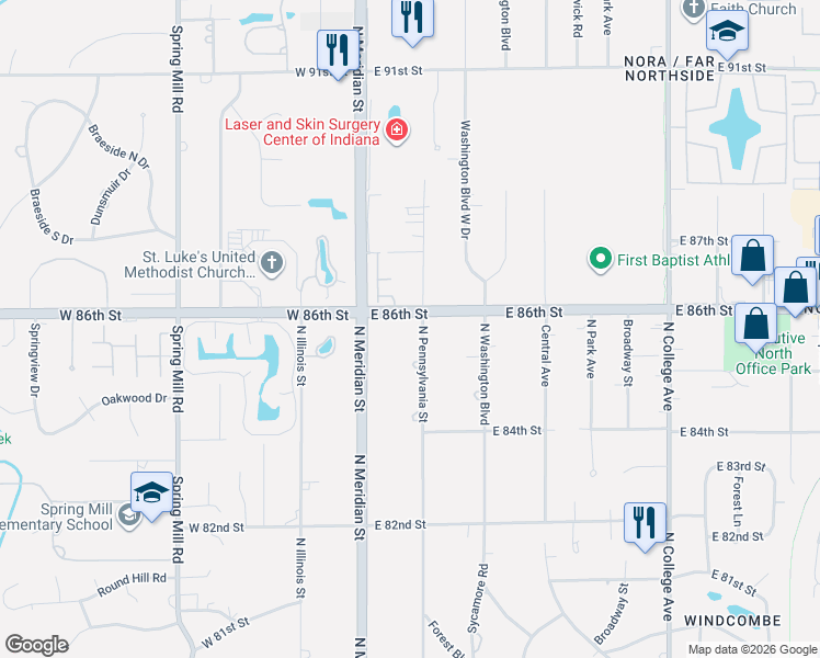 map of restaurants, bars, coffee shops, grocery stores, and more near 8574 North Pennsylvania Street in Indianapolis