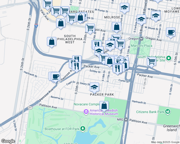 map of restaurants, bars, coffee shops, grocery stores, and more near 1906 Schley Street in Philadelphia