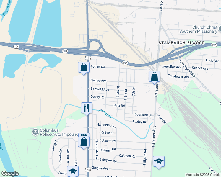 map of restaurants, bars, coffee shops, grocery stores, and more near 118 Benfield Avenue in Columbus