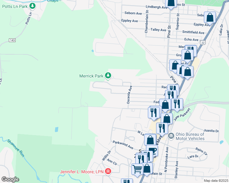map of restaurants, bars, coffee shops, grocery stores, and more near 1327 Arch Street in Zanesville