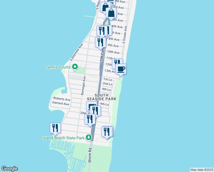 map of restaurants, bars, coffee shops, grocery stores, and more near 15 3rd Lane in Seaside Park