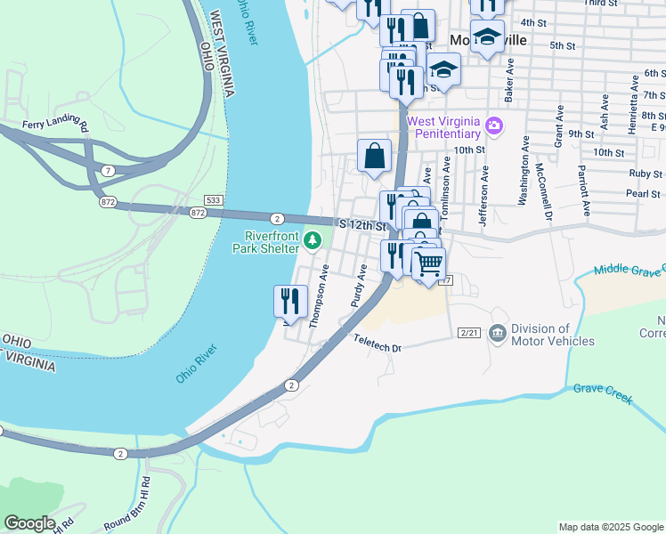 map of restaurants, bars, coffee shops, grocery stores, and more near 1300-1398 Thompson Ave in Moundsville
