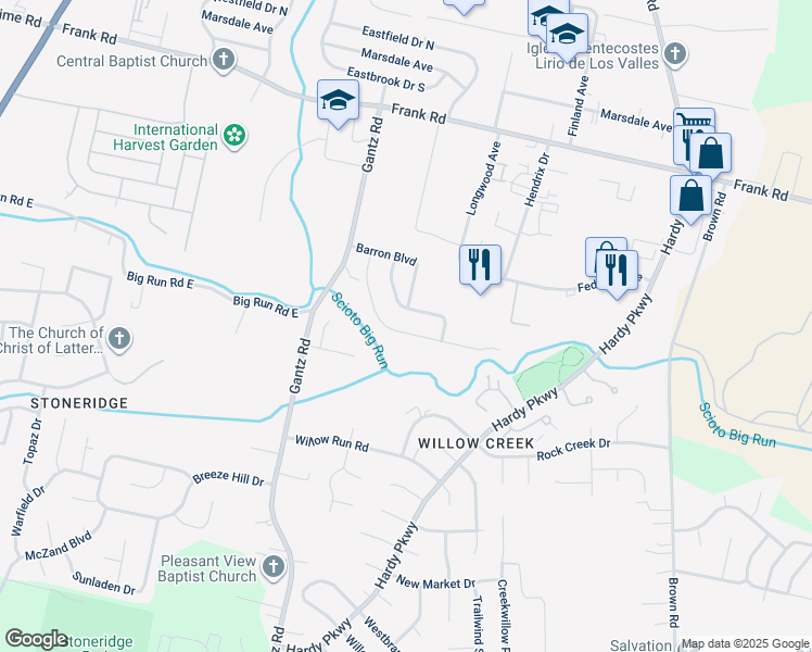 map of restaurants, bars, coffee shops, grocery stores, and more near 1984 Queens Meadow Lane in Grove City