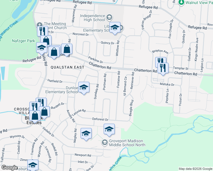 map of restaurants, bars, coffee shops, grocery stores, and more near 3200 Portman Road in Columbus