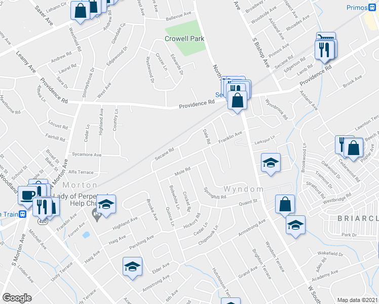 map of restaurants, bars, coffee shops, grocery stores, and more near 2415 Franklin Avenue in Delaware County