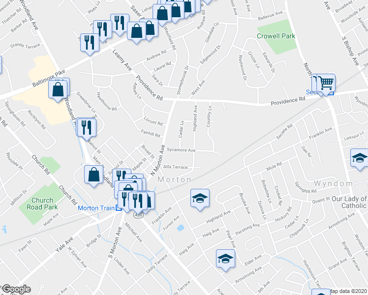 map of restaurants, bars, coffee shops, grocery stores, and more near 24 Sycamore Avenue in Morton