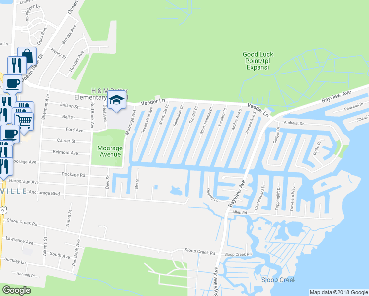 map of restaurants, bars, coffee shops, grocery stores, and more near 76 Moorage Avenue in Berkeley Township