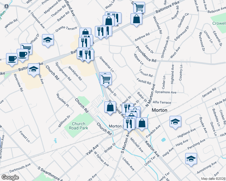 map of restaurants, bars, coffee shops, grocery stores, and more near 100 Newell Street in Morton