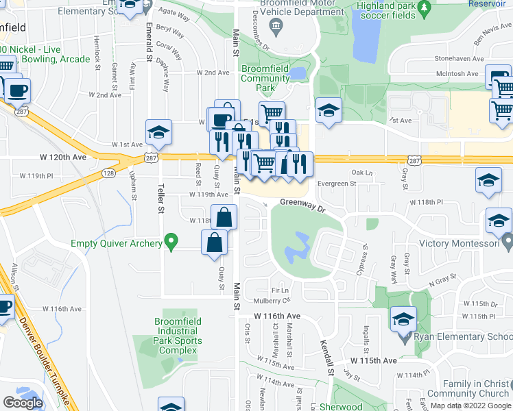 map of restaurants, bars, coffee shops, grocery stores, and more near 106 Willow Place South in Broomfield