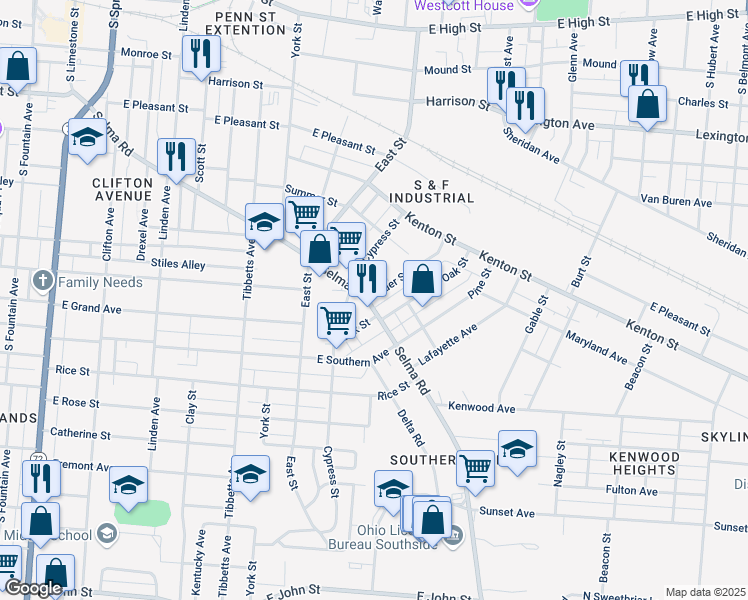 map of restaurants, bars, coffee shops, grocery stores, and more near 954 Selma Road in Springfield