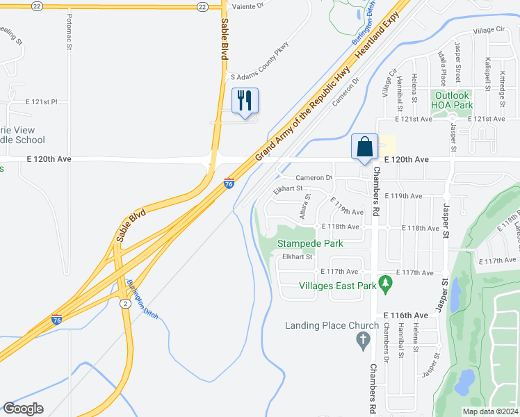 map of restaurants, bars, coffee shops, grocery stores, and more near 11807 Elkhart Street in Brighton