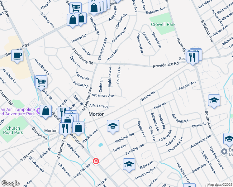 map of restaurants, bars, coffee shops, grocery stores, and more near 128 Sycamore Avenue in Morton
