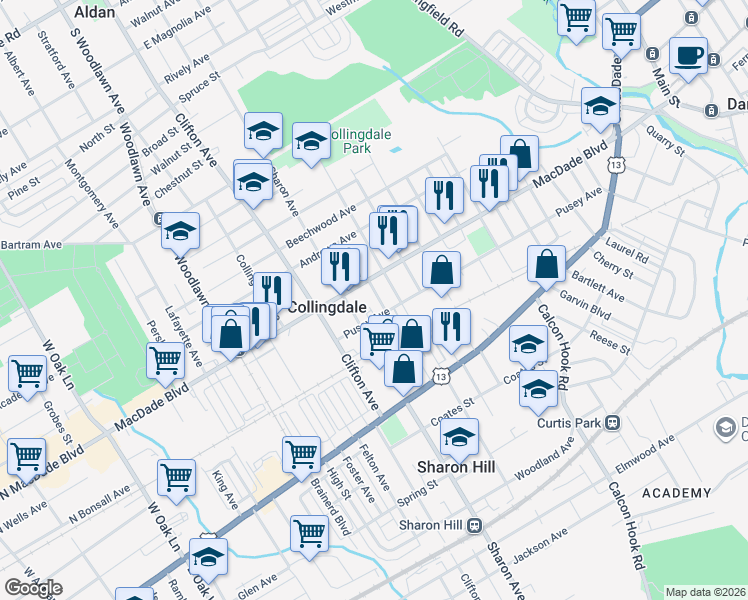 map of restaurants, bars, coffee shops, grocery stores, and more near 107 Juliana Terrace in Collingdale