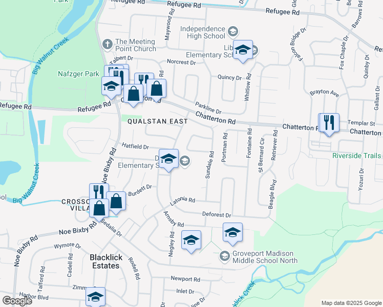 map of restaurants, bars, coffee shops, grocery stores, and more near 5289 Sundale Place South in Columbus