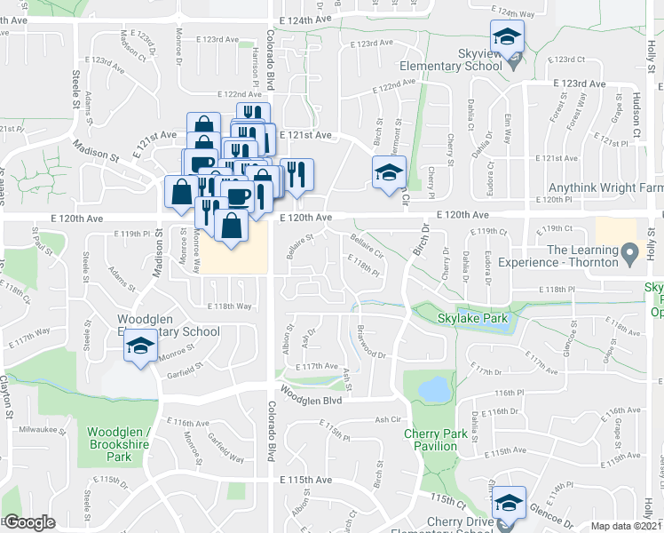 map of restaurants, bars, coffee shops, grocery stores, and more near 4245 East 119th Place in Thornton