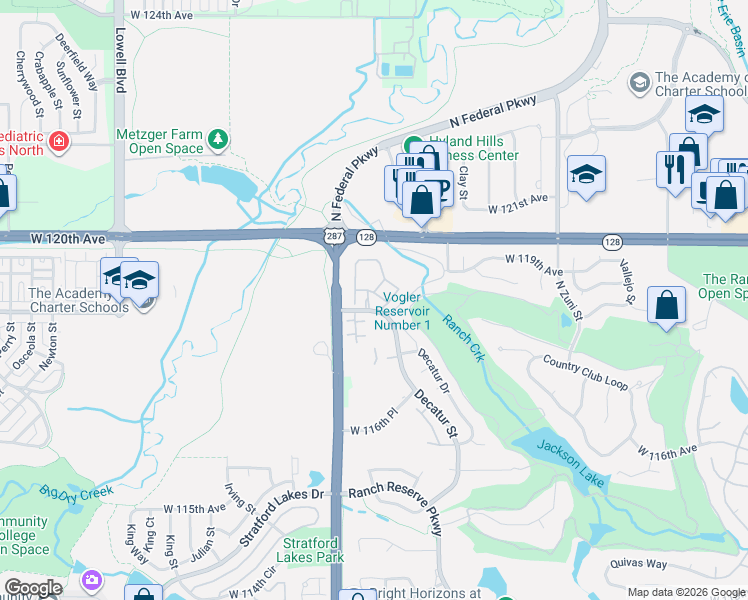 map of restaurants, bars, coffee shops, grocery stores, and more near 2941 West 119th Avenue in Westminster