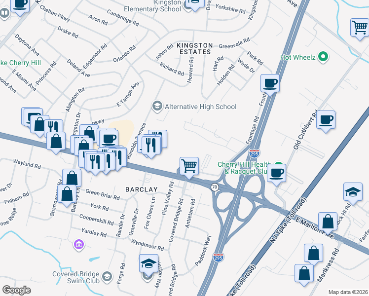 map of restaurants, bars, coffee shops, grocery stores, and more near 1840 Frontage Road in Cherry Hill